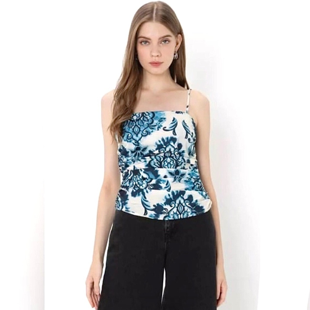 Zara Printed Ruched Square-Neck Crop Top